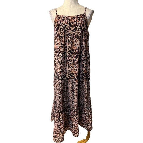 Lipsy London Slip Maxi Dress 14 Brown Black Pink Tiered Cottage Relaxed NWT NEW - Picture 1 of 6